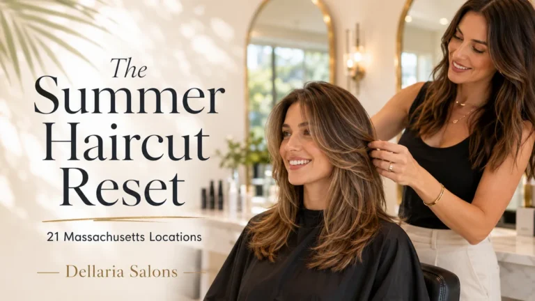 dellariasummerhaircutresetmassachusetts | Dellaria Salons | Dellaria Salons A Dellaria stylist finishing a fresh layered summer haircut on a smiling salon client