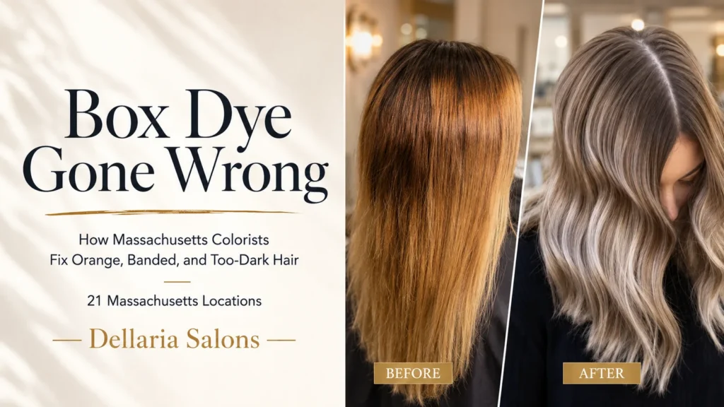 Before and after color correction on box dye hair at Dellaria Salons in Massachusetts
