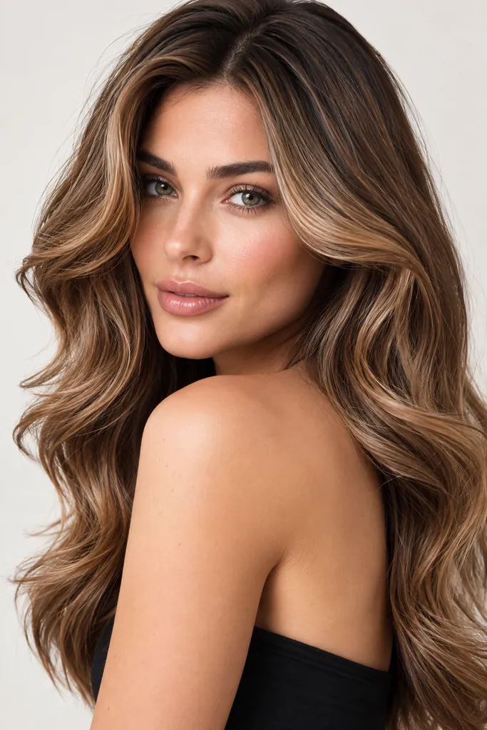Glossy blowout with dimensional brunette balayage at Dellaria Salons