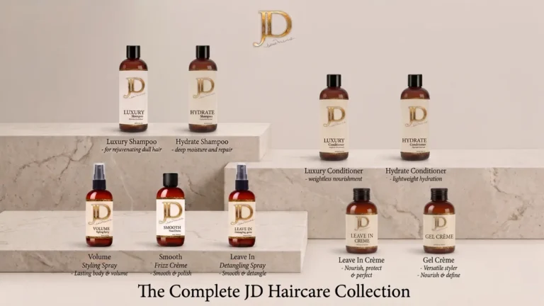 The complete JD Haircare collection by John Dellaria  Hydrate and Luxury shampoos and conditioners plus Volume Smooth Leave In and Gel Crème styling products